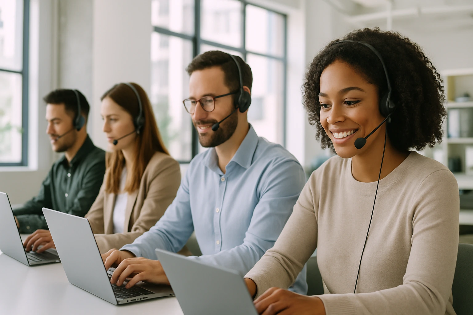Medewerkers met headsets in een licht kantoor, ondersteund door een AI-telefonist