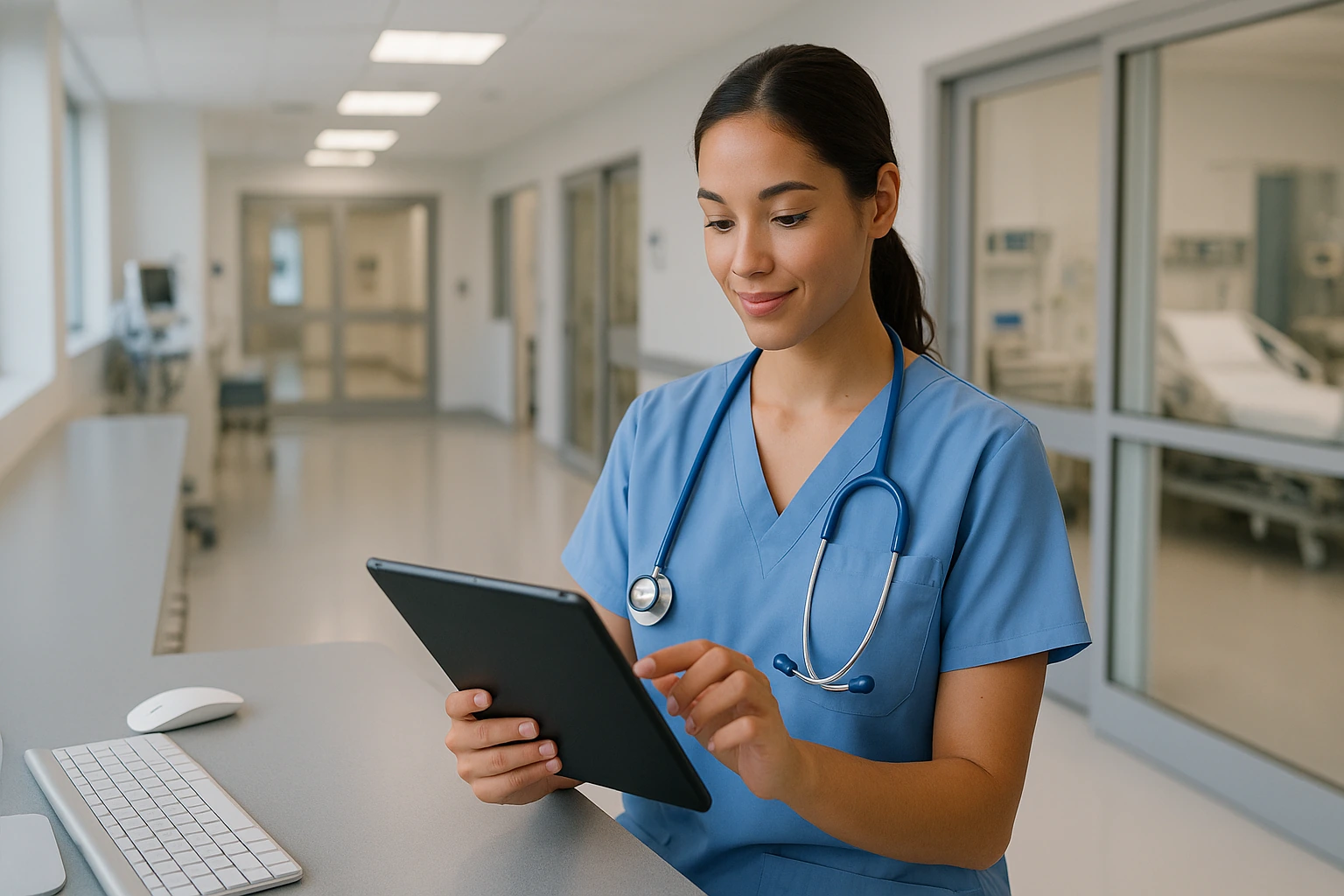 Zorgmedewerker die met een tablet werkt in een praktijk